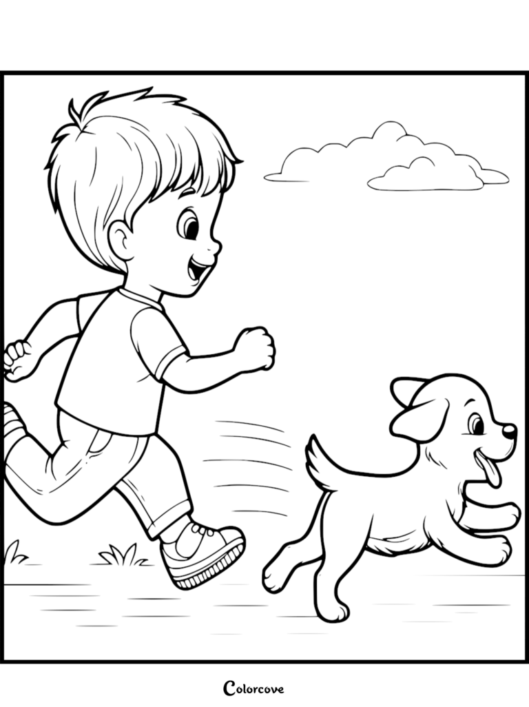 A happy young boy running outdoors with a playful puppy in this printable coloring page for kids.