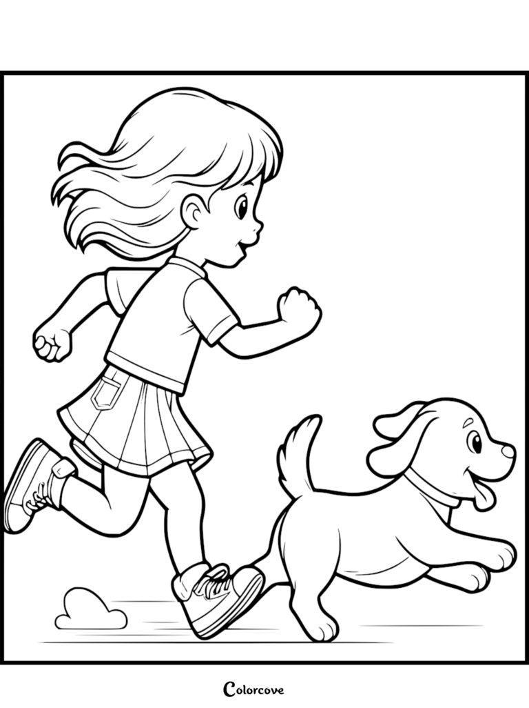 A young girl with long hair wearing a skirt and sneakers running alongside a happy puppy in this printable coloring page.