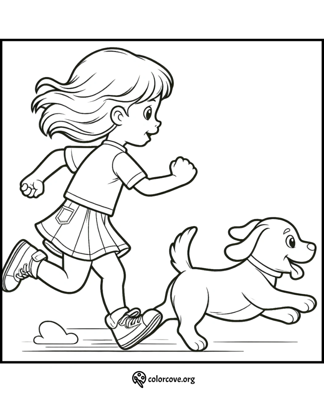 Coloring page of a girl running joyfully with her dog. Fun activity for kids. Print and color this free coloring sheet.