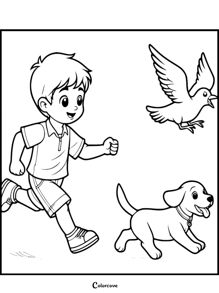 A happy young boy running alongside a playful puppy while a bird flies overhead in this printable coloring page.