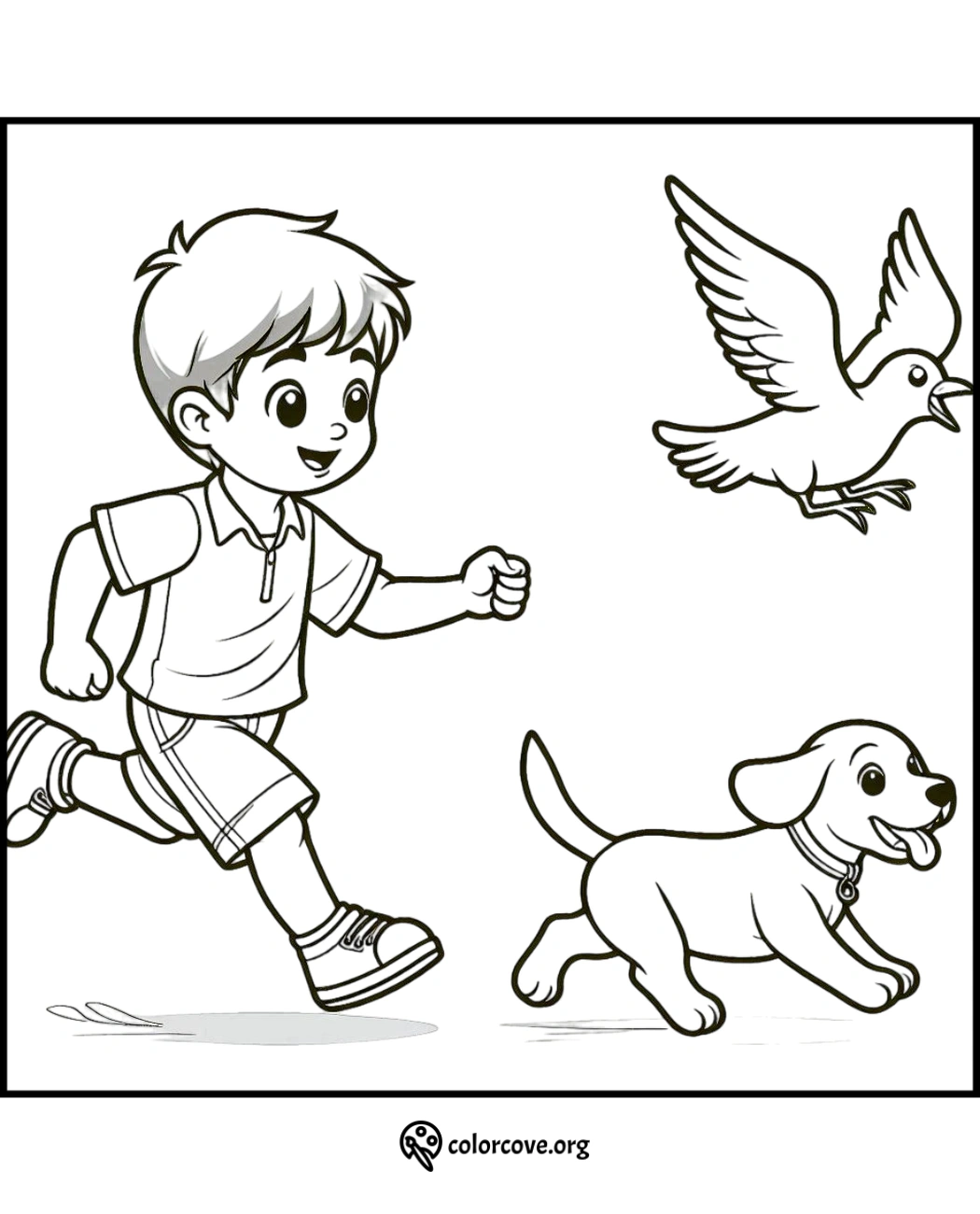 Kids coloring page: boy running with dog and bird, playful scene for children. Fun activity for kids at colorcove.org.