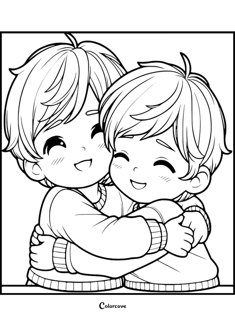 A black and white coloring page featuring two young boys with short hair wearing sweaters, smiling and hugging each other tightly.