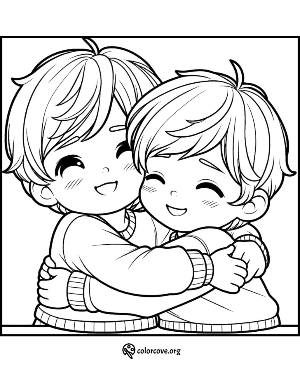 Coloring page of two smiling children hugging each other, wearing sweaters. Printable, fun, and free on colorcove.org.