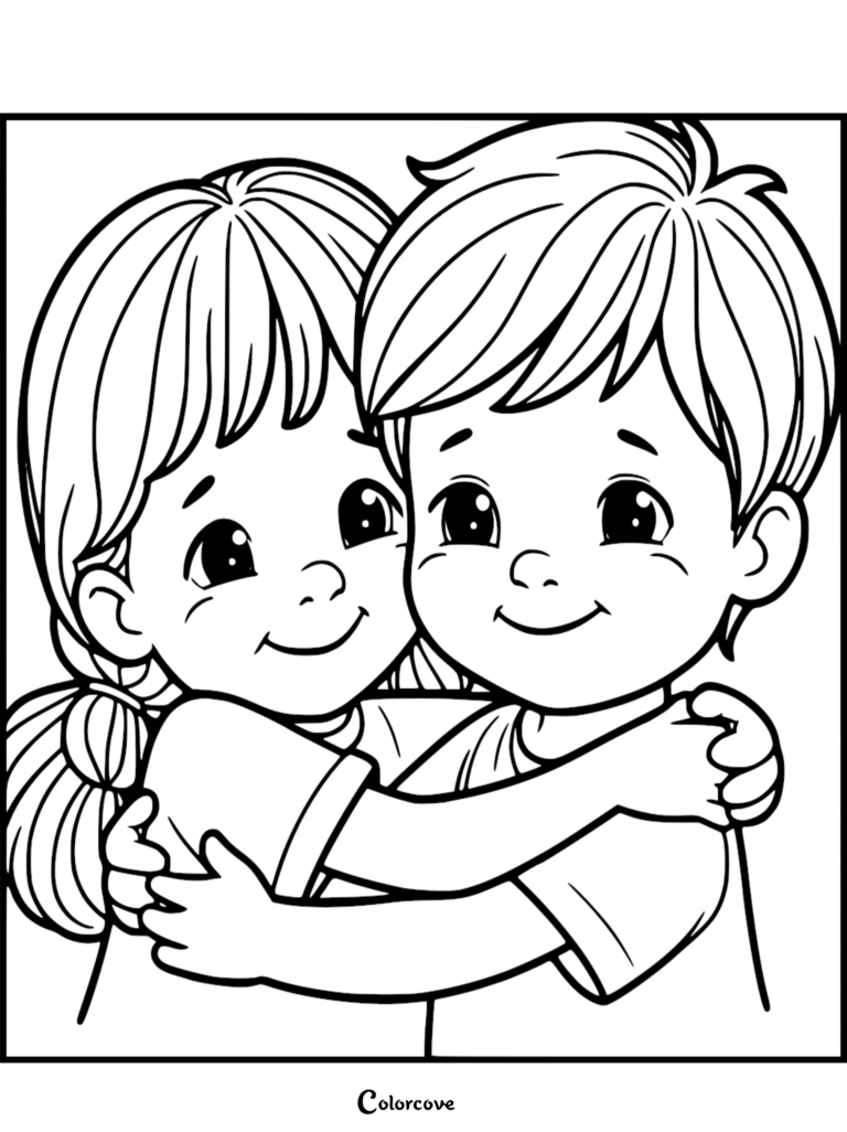 A sweet coloring page featuring a young girl with a ponytail and a boy with short hair sharing a warm, friendly hug.