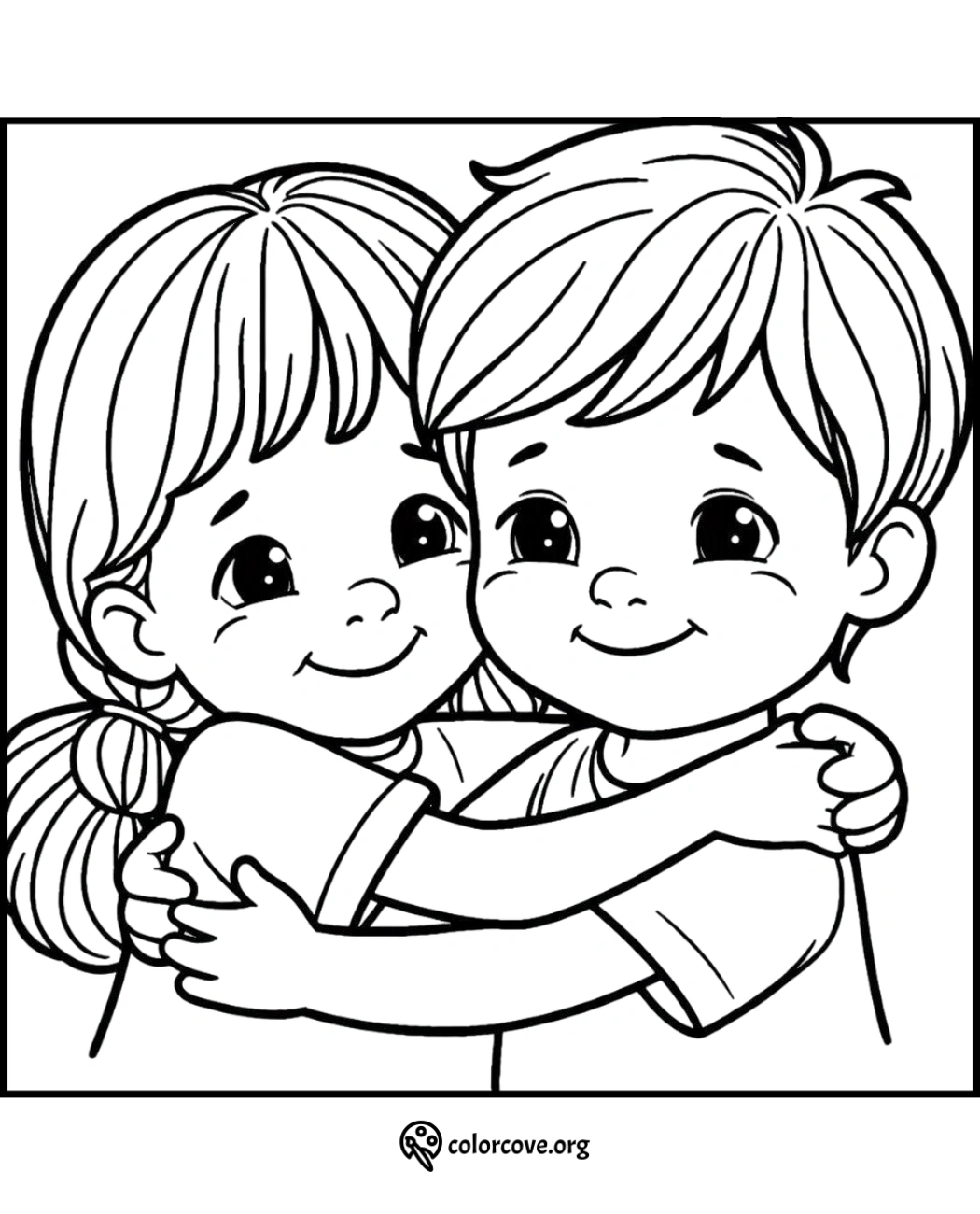 Children hugging coloring page, happy kids embrace black and white illustration for coloring and fun.