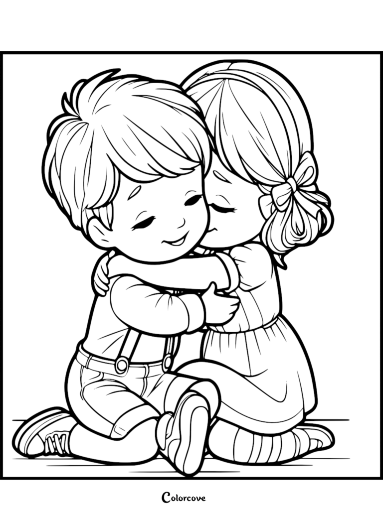 A sweet coloring page featuring a young boy in suspenders and a girl with a hair bow sharing a warm hug while kneeling.
