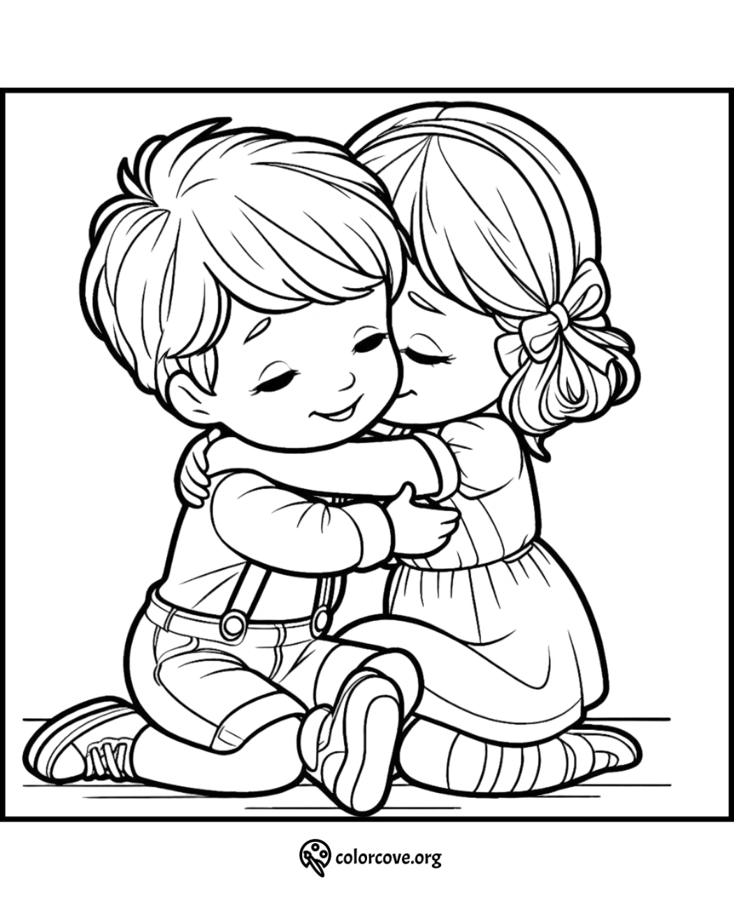 Heartwarming coloring page of two children hugging, perfect for kids to color and enjoy creative fun.