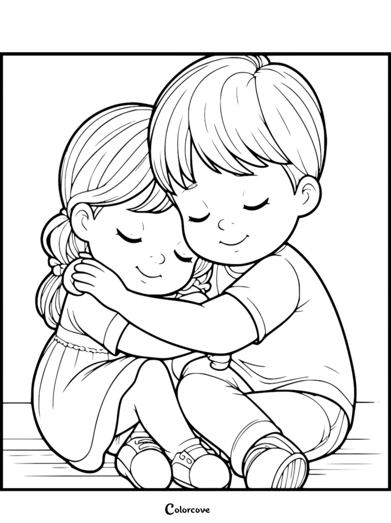 A sweet coloring page featuring a young boy and girl sitting on the floor with their eyes closed while sharing a warm, affectionate hug.