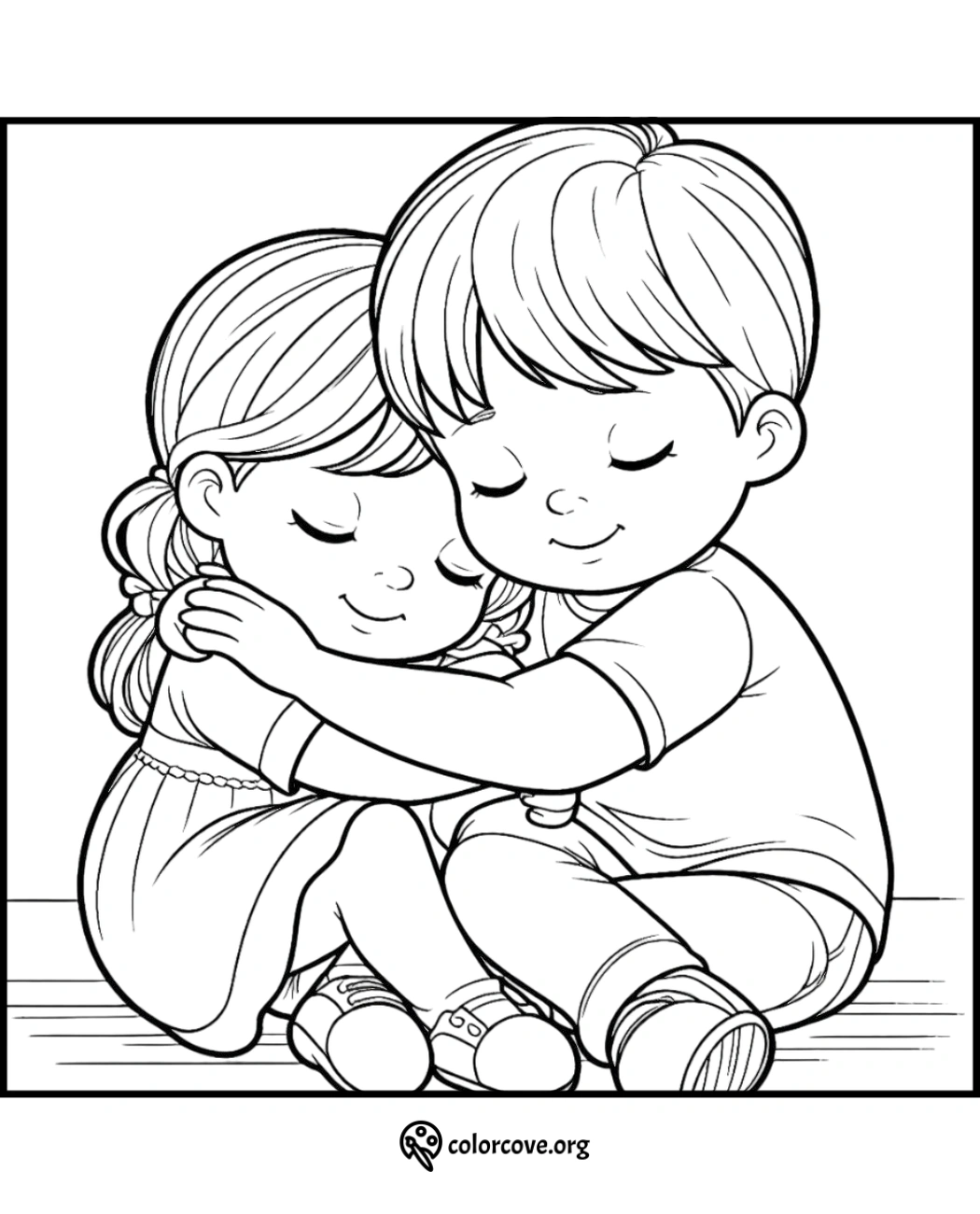 Cute kids hugging coloring page, free printable for children. Download and color this adorable friendship scene.