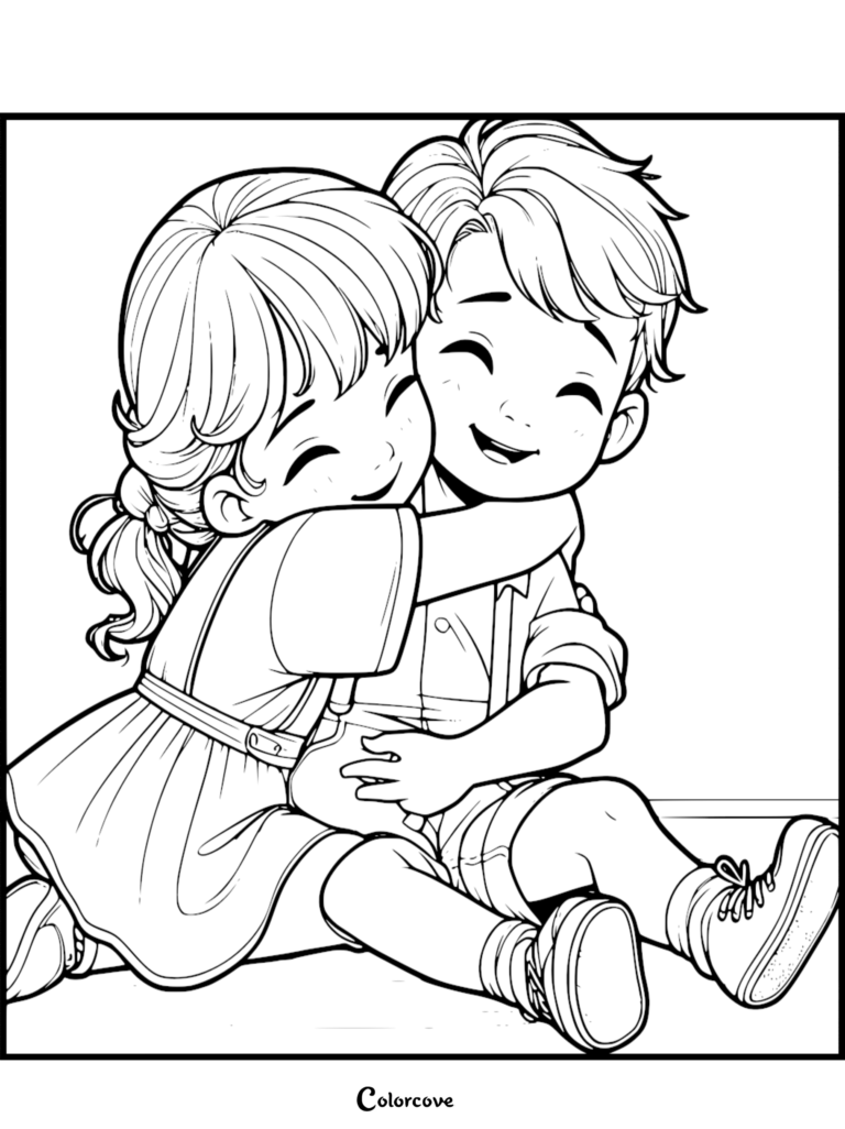 A young girl with a ponytail in a dress hugging a smiling boy in shorts, line art coloring page.