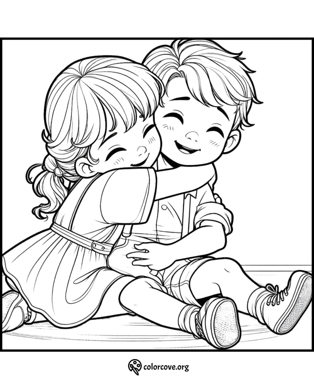 Two children sitting and hugging on a coloring page from Colorcove.org, smiling and enjoying a warm moment.