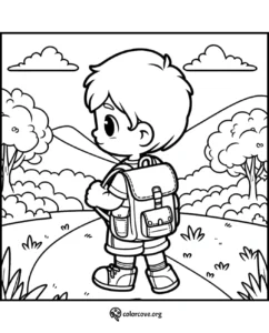 Coloring page of a child with a backpack walking on a nature trail with trees, mountains, and clouds. ColorCove.org.