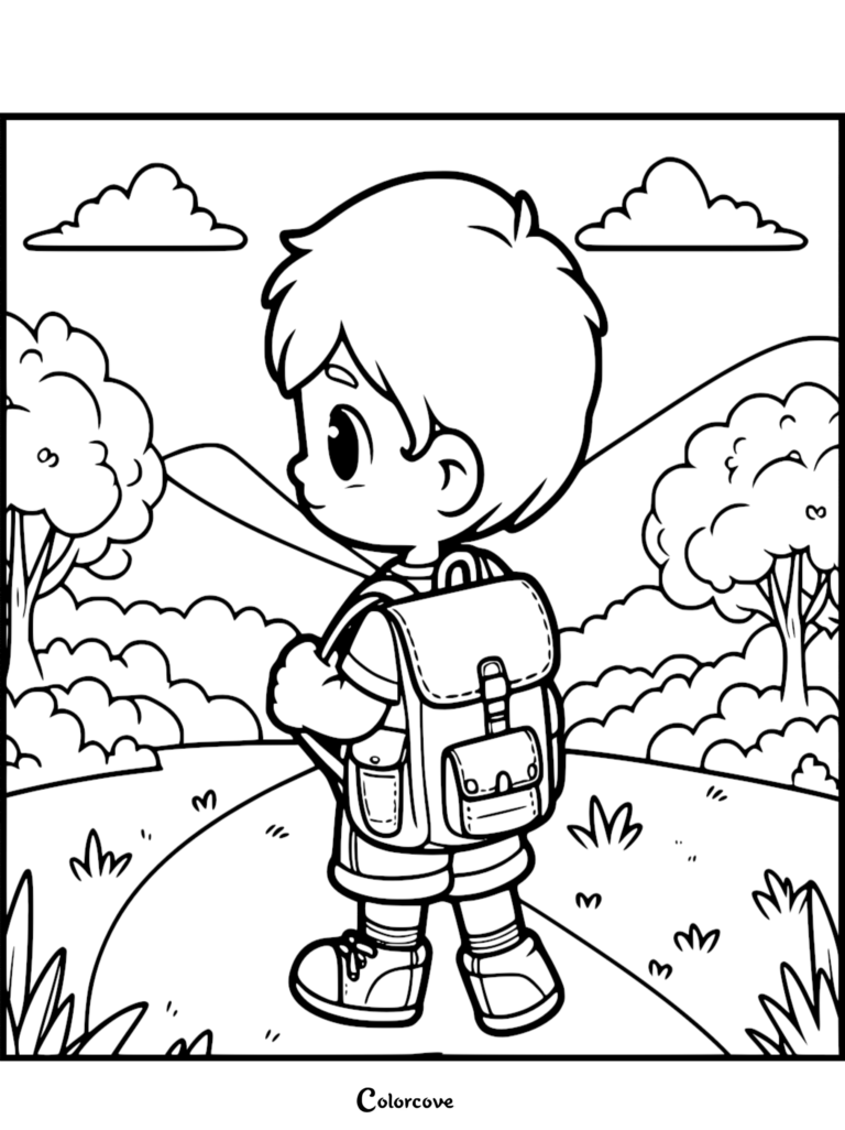 A cute boy with a backpack walking along a nature trail in this free kids coloring page.