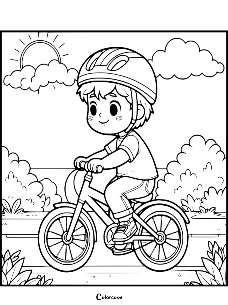 A young boy wearing a safety helmet riding a bicycle on a sunny day in this printable coloring page.