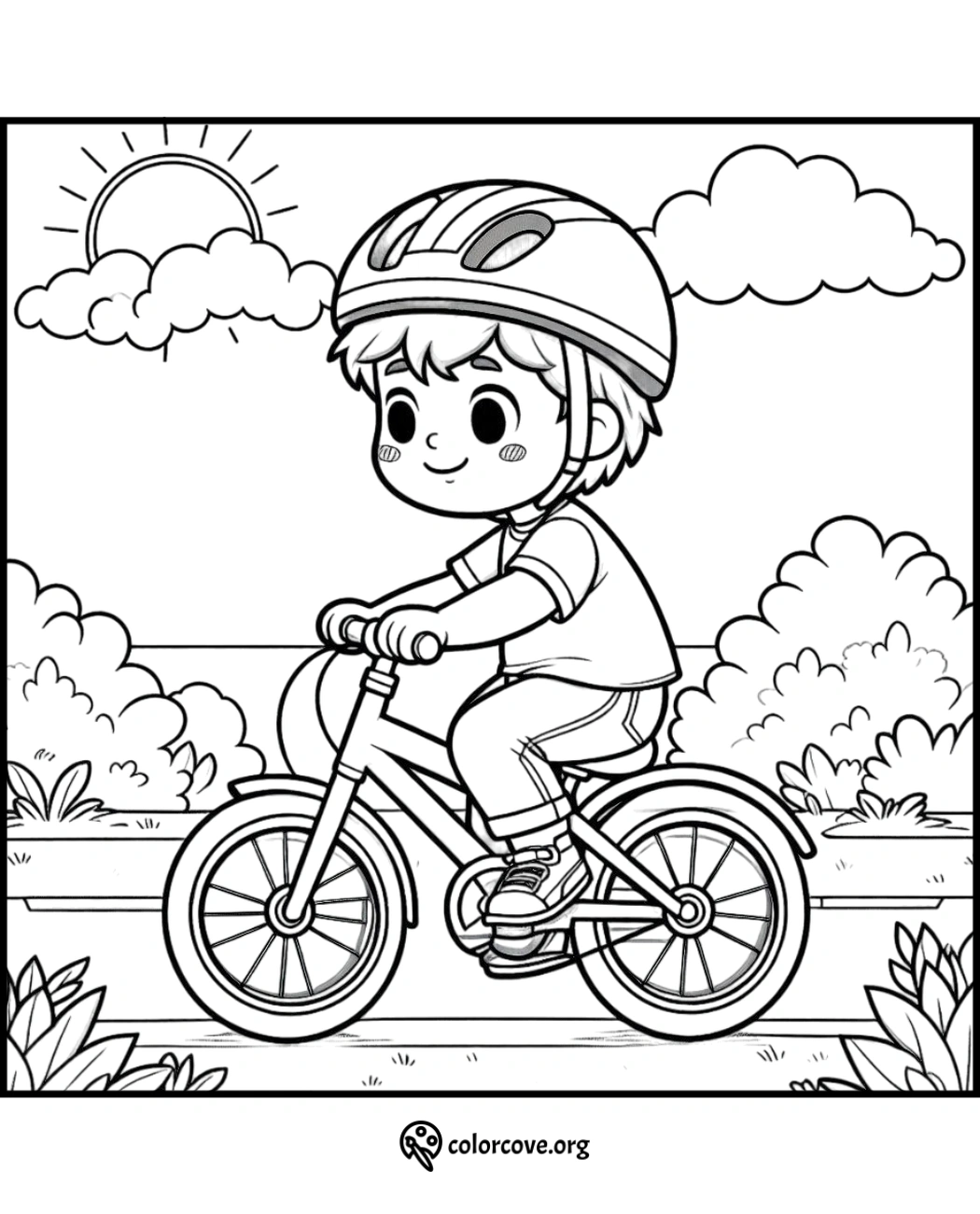 Coloring page of a child riding a bicycle with a helmet on, sunny day, clouds and bushes in the background - from colorcove.org.