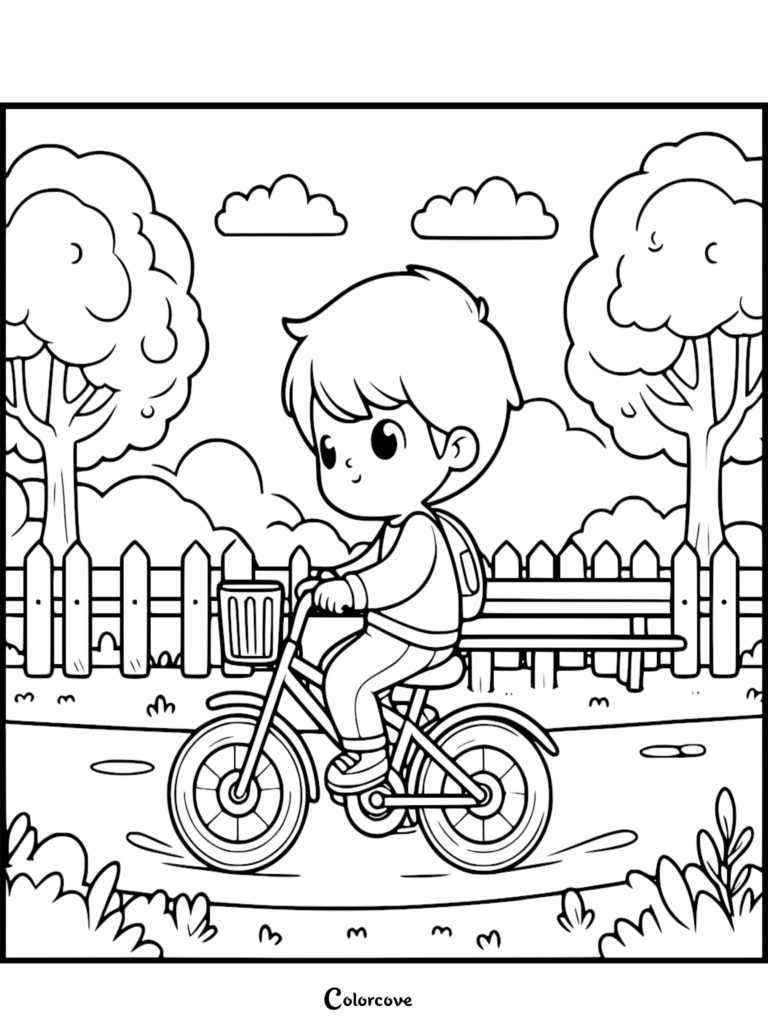 A cute boy with a backpack riding a bicycle with a front basket on a park path, featured in a printable coloring page.
