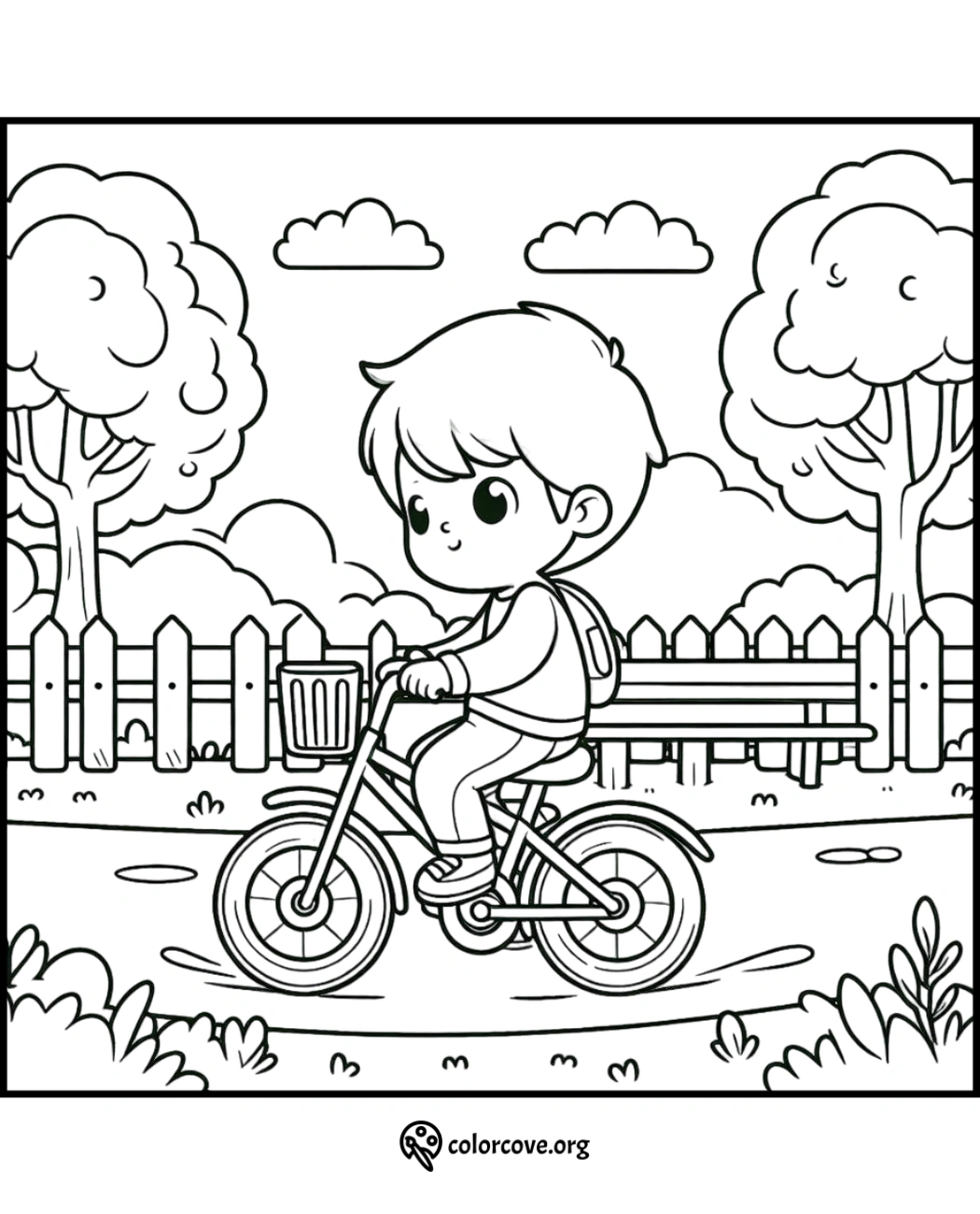 Child riding a bicycle in a park coloring page with trees and a fence in the background. Fun for kids to color.