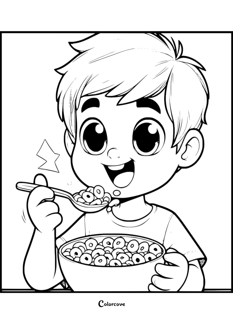 A cute cartoon boy with messy hair holding a spoon and a bowl of cereal in this printable coloring page.