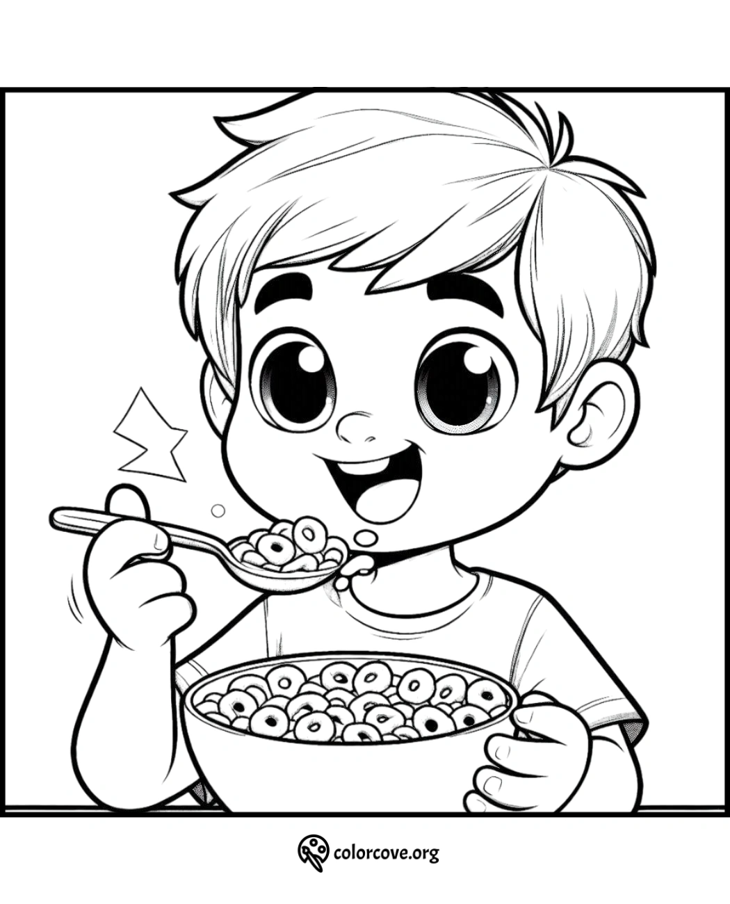 Coloring page of a cheerful child eating cereal with a spoon, holding a bowl, and smiling.