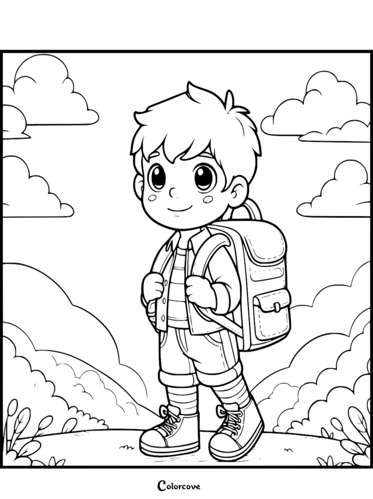 A cute boy with a backpack standing outdoors in a landscape with clouds, line art coloring page style.
