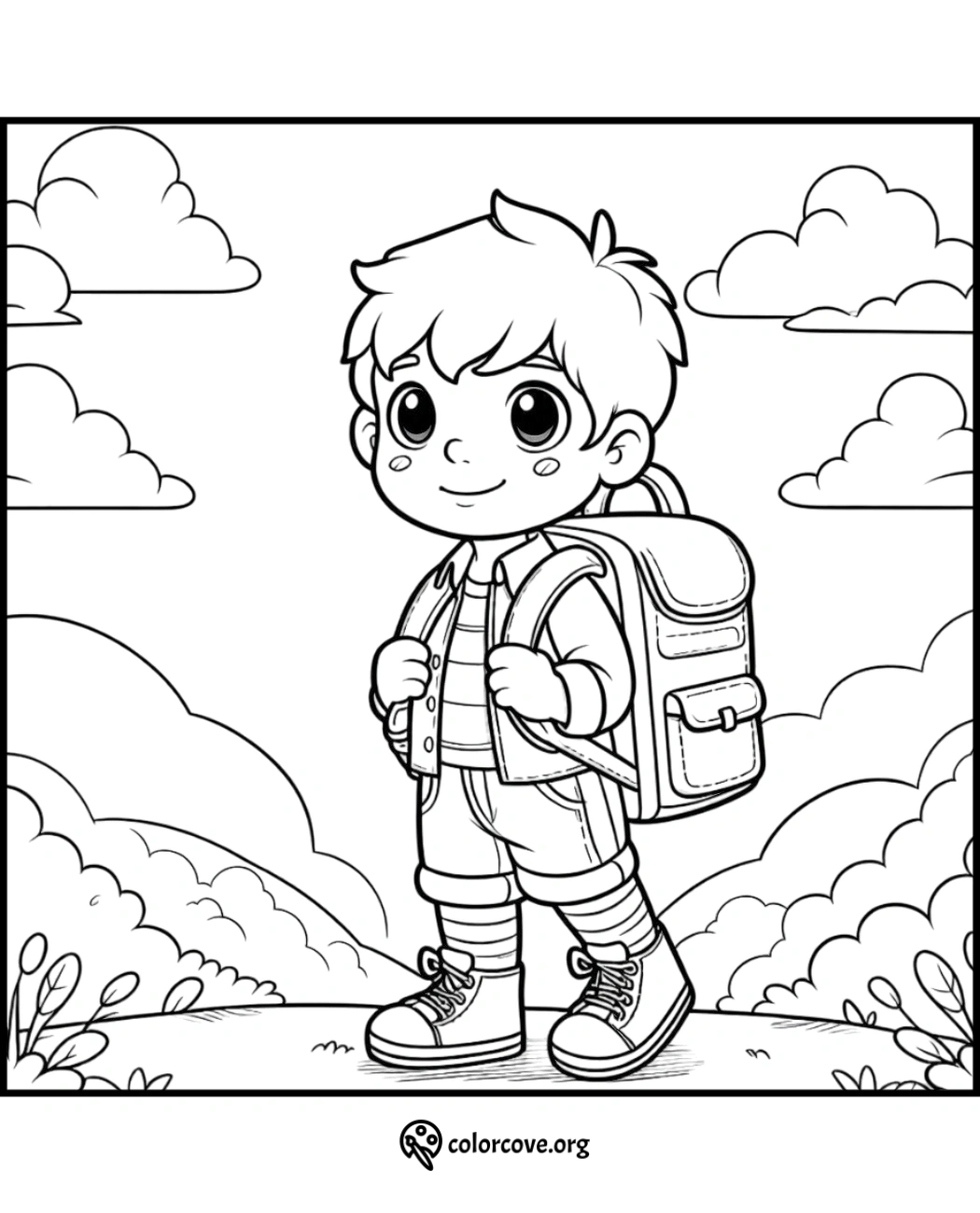 Coloring page of a cheerful boy with a backpack standing in a nature setting with clouds and hills in the background.