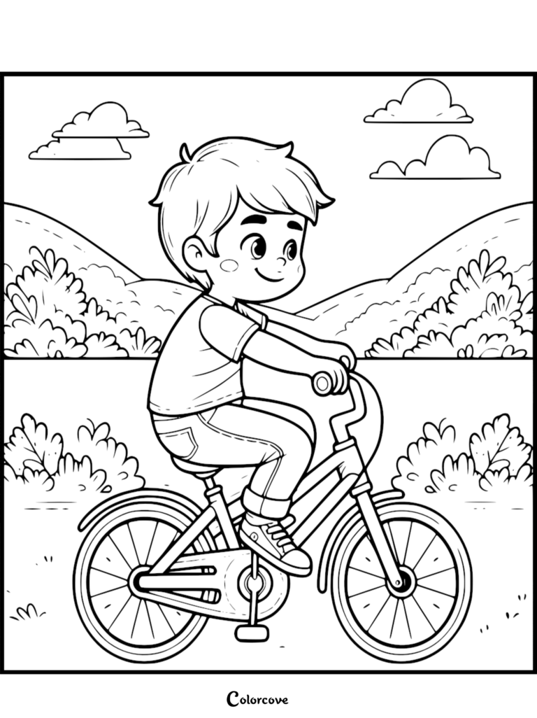 A young boy with short hair riding a bicycle on a path in a park, featured in a printable coloring page.