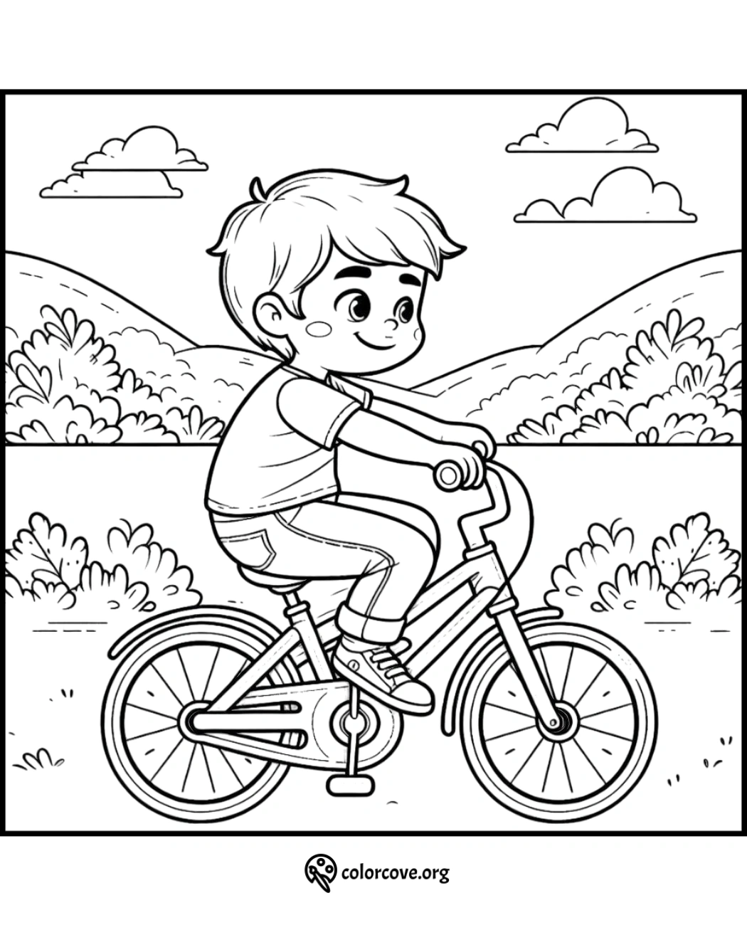 Coloring page of a happy child riding a bicycle in a park with hills and clouds in the background.