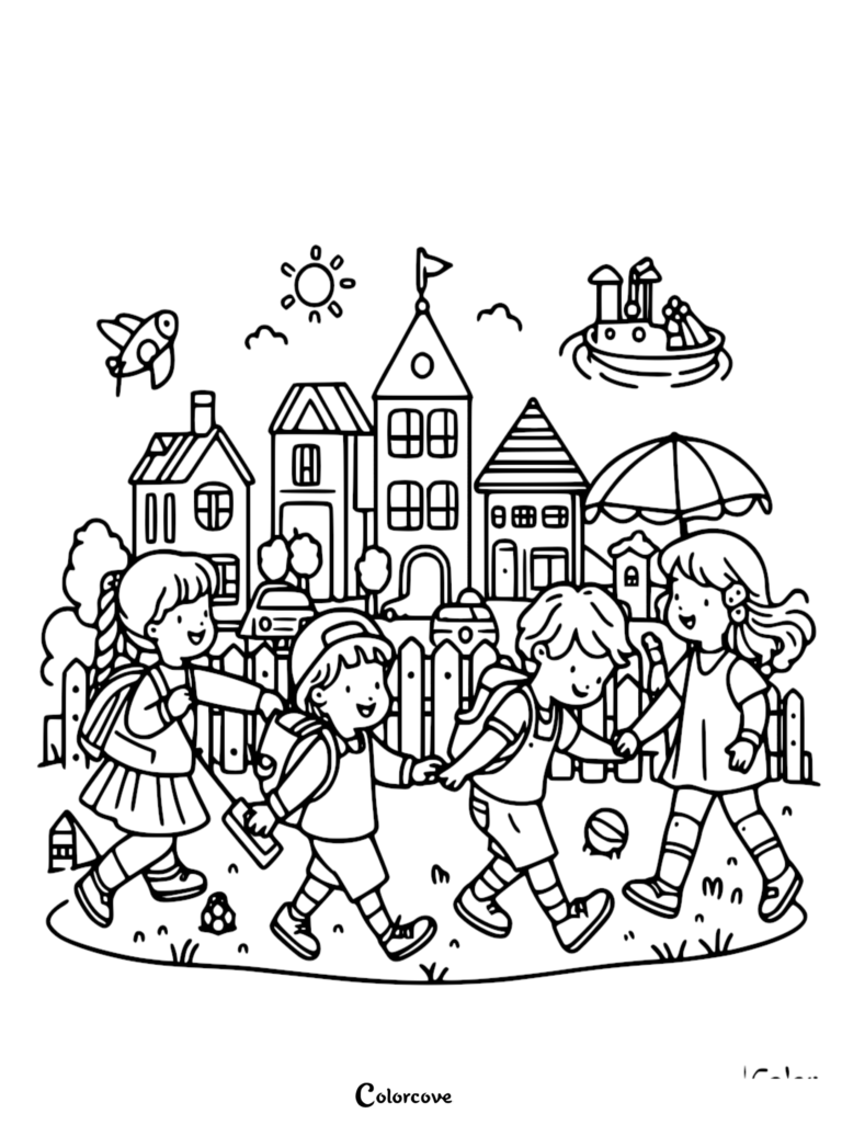Four children with backpacks walking together in front of a town with houses, a plane, and a boat in this coloring page.