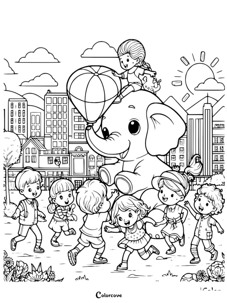 A group of happy children playing with a friendly elephant holding a balloon in a city park coloring page.