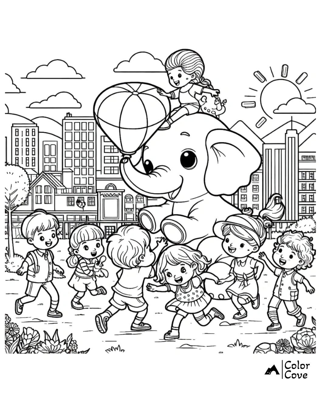 Kids playing around a giant elephant in the park coloring page, featuring a cityscape and sunny sky background.