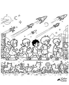 Children and cats explore a space-themed city with rockets and planets in the sky. Printable coloring page by Color Cove.
