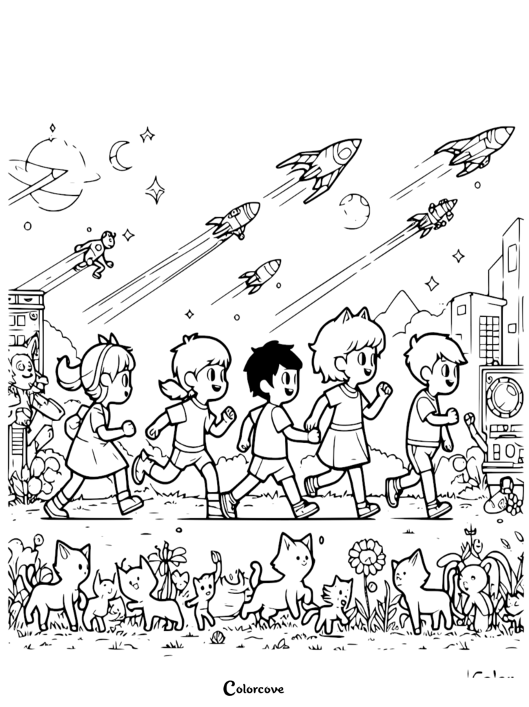 A group of five children running through a field with cats, while rockets fly through the sky in this space-themed coloring page.