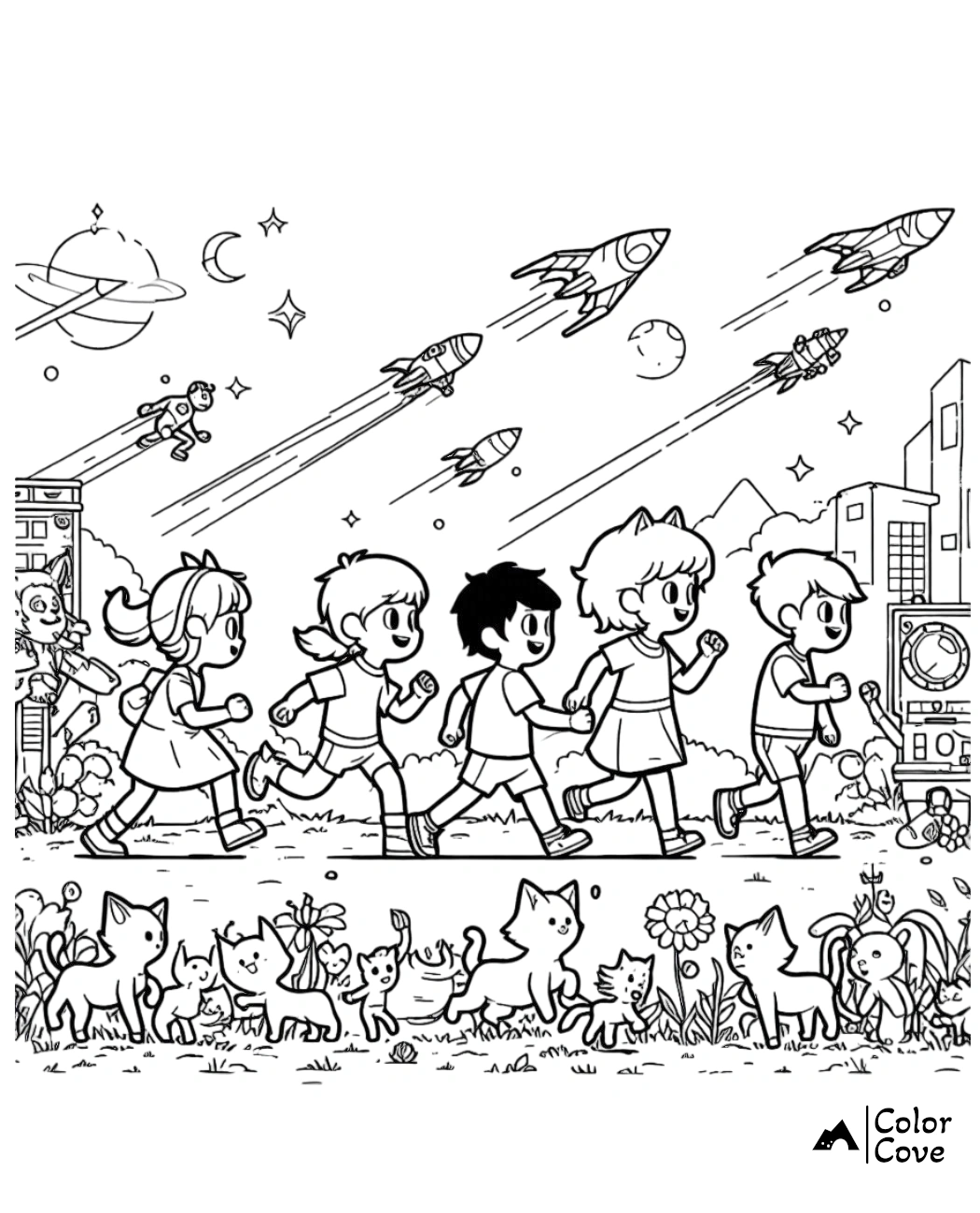 Children and cats explore a space-themed city with rockets and planets in the sky. Printable coloring page by Color Cove.