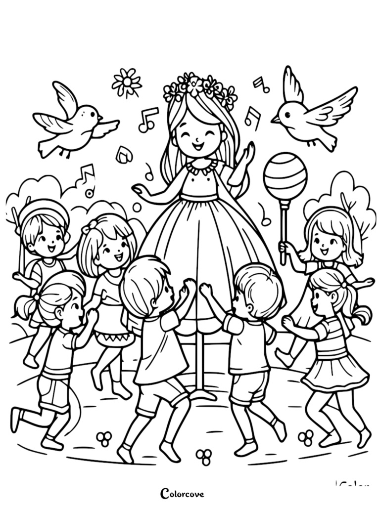 A group of happy children dancing in a circle around a fairy wearing a flower crown, featuring flying birds and musical notes in this free kids coloring page.