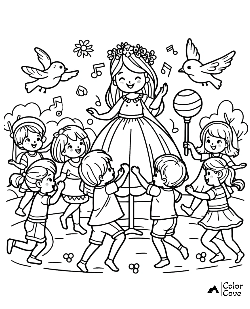 Children dancing around a fairy princess in a garden coloring page with birds and music notes. Perfect for kids' activities.