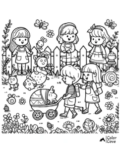 Children and animal friends coloring page with garden background, featuring joyful kids and cute creatures among flowers.