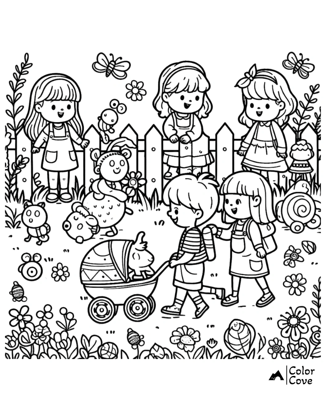 Children and animal friends coloring page with garden background, featuring joyful kids and cute creatures among flowers.