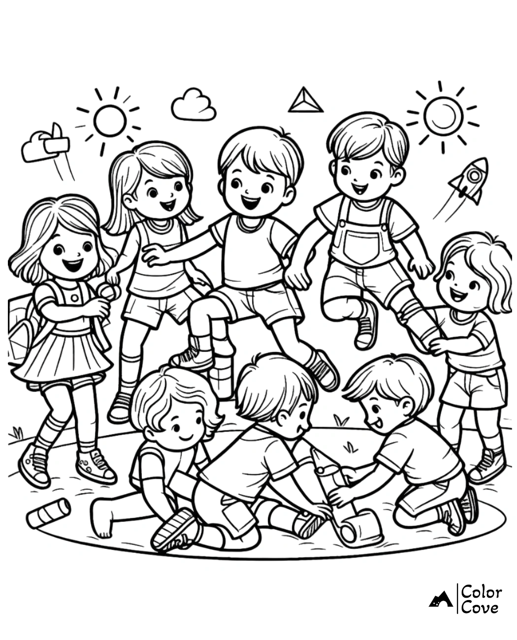 Children playing outdoors coloring page. Kids enjoying sunshine and activities, rockets and clouds in the background.