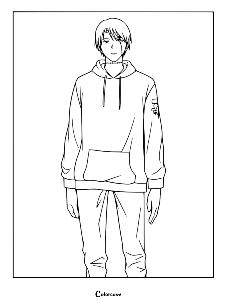 Line art of Eiji Rindou from Kill Blue wearing a hoodie and pants, standing in a neutral pose, ready for a coloring page project.