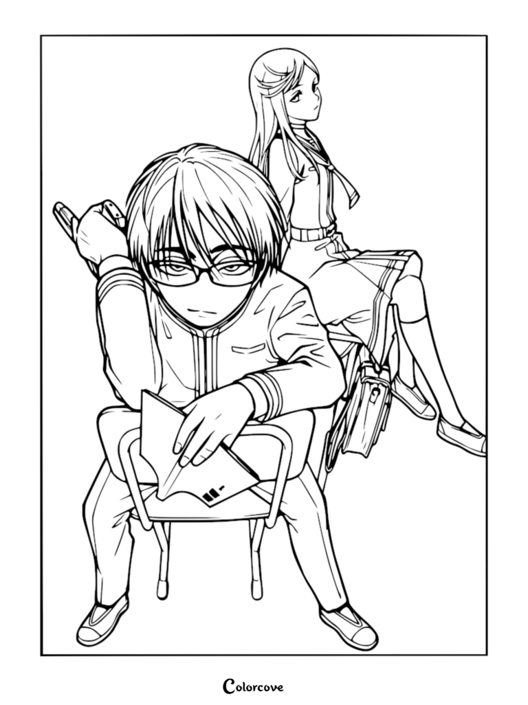 A black and white line art coloring page featuring Juzo Ogami sitting in a classroom chair holding a book while Noren Mitsuoka sits behind him in her school uniform.