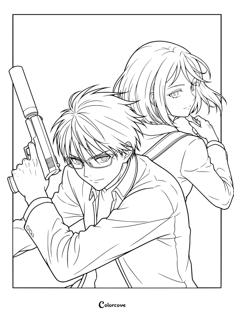 Line art coloring page featuring Juzo Ogami holding a suppressed pistol back-to-back with Noren Mitsuoka.
