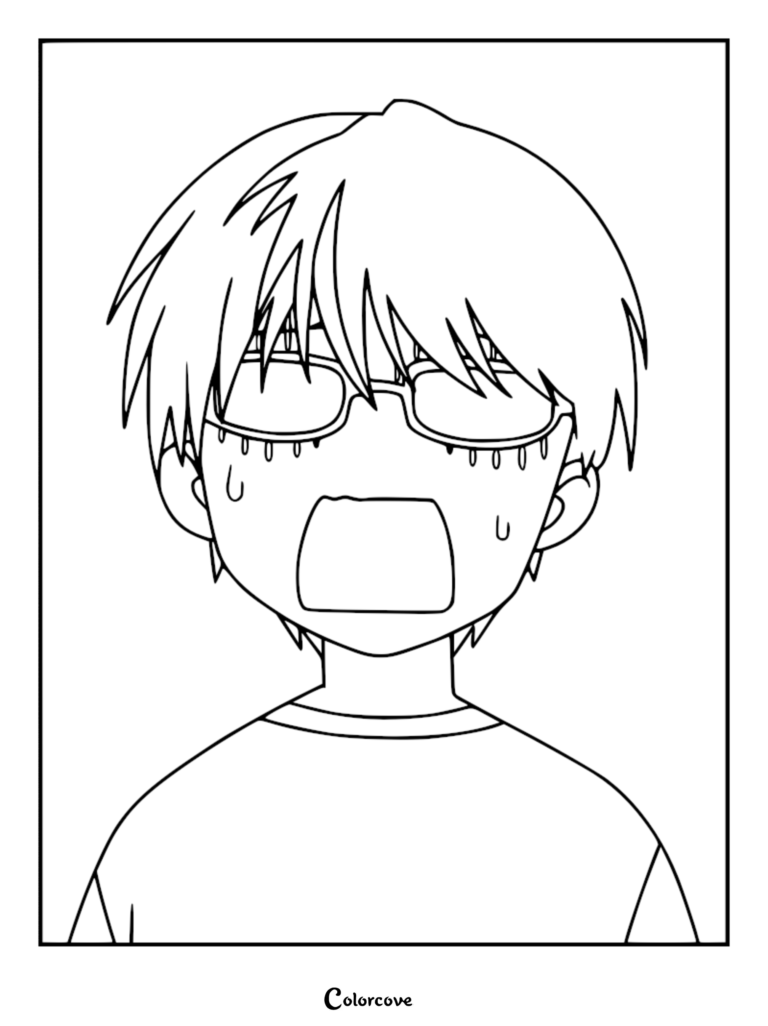 A printable coloring page featuring a close-up portrait of Juzo Ogami from Kill Blue with a shocked expression, wearing glasses and a t-shirt.