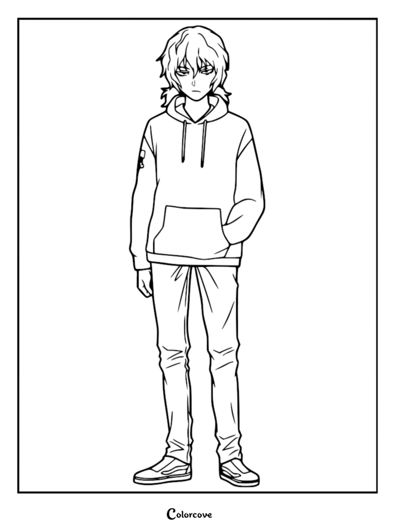 A line art coloring page of Kazuma Rindou from Kill Blue, standing in a hoodie and pants with a serious expression.