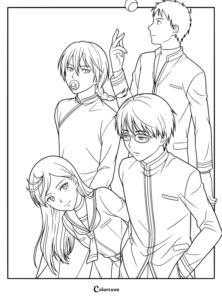 A detailed line art coloring page featuring the main cast of Kill Blue, including Juzo Ogami, Noren Mitsuoka, Kotatsu Nekota, and Tenma Tendo posing together.