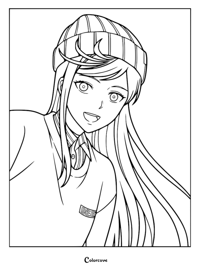 Noren Mitsuoka from Kill Blue wearing a beanie and sweater in this detailed line art coloring page.