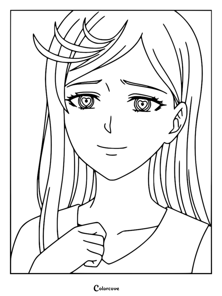 Noren Mitsuoka from Kill Blue with heart-shaped spiral eyes in a hypnotic trance, presented as a printable line art coloring page.