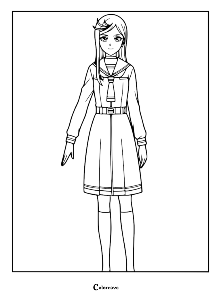 A clean line art coloring page of Noren Mitsuoka from Kill Blue standing in her school uniform with long hair and a pleated skirt.