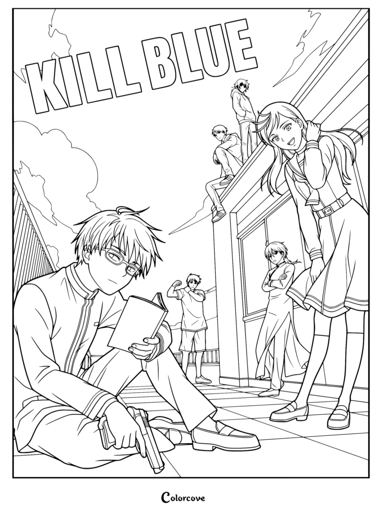 A detailed line art coloring page featuring the Kill Blue cast, including Juzo Ogami reading with a gun, Noren Mitsuoka standing, and other characters on a school rooftop.