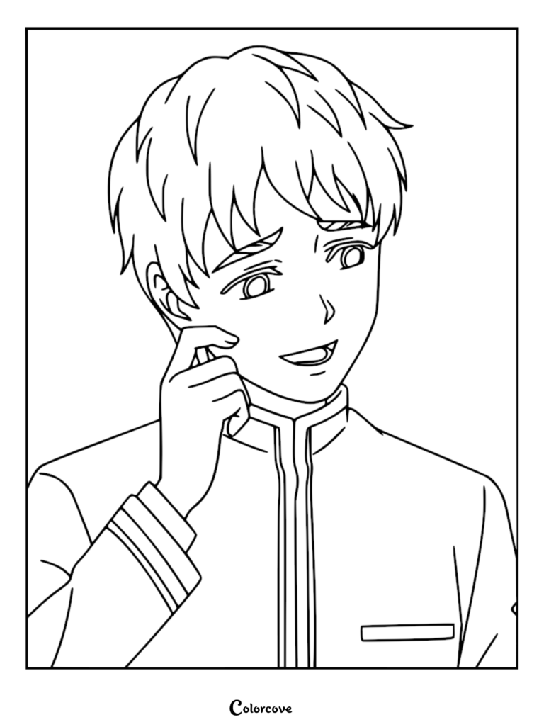 A line art coloring page of Ryo Shiraishi from Kill Blue, shown from the chest up wearing a school uniform and touching his ear.