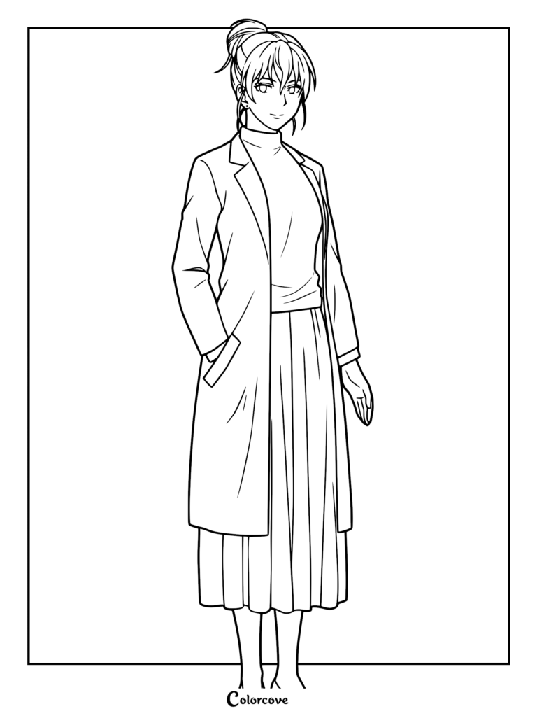 A detailed line art coloring page of Eri Wanibuchi from Kill Blue, standing with her hands in her coat pockets and her hair tied up in a bun.